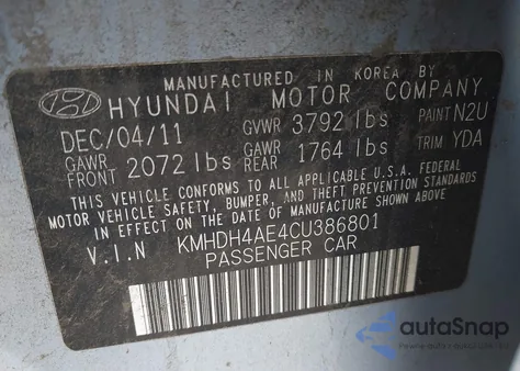 2012 Hyundai Elantra Gls (Ulsan Plant) from USA, damaged, VIN KMHDH4AE4CU386801